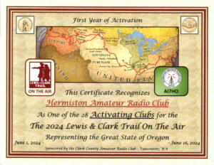 2024 Lewis & Clark Trail on the Air participation certificate for the Hermiston Amateur Radio Club